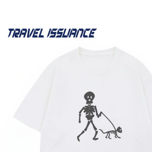 Travel Issuance T-shirt in Loose Fit with Skull Cat Print for Couples Short Sleeve Casual Tee in Summer for Men And Women