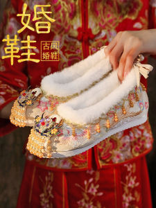 Wedding Shoes Embroidered Fleece Lined Xiuhe Chinese Style Hanfu Shoes National Style Red Marriage Matching Cheongsam