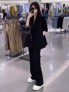 Elegant Black Suit Set Womens Casual Wide Leg Pants Two Piece Set Autumn New Style Small Size Professional Clothing