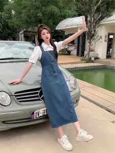 Slimming Denim Overalls Dress Two-Piece Set Casual Vintage Hong Kong Style Chic Womens plus Size Autumn Fashion Dress