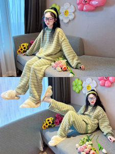 Girls Sleepwear Winter Coral Fleece Home Clothes Set Half Velvet Soft Warm Long Sleeve round Neck Comfortable Kids Outfit