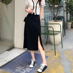 IELGY womens all-match irregular high-waist black mid-length skirt