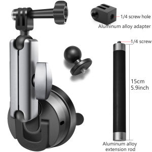 Aluminum Suction Cup Mount for GoPro Insta360 DJI Action Cameras Heavy Duty Car Windshield Holder 360 Rotation 1/4 Screw Adapter