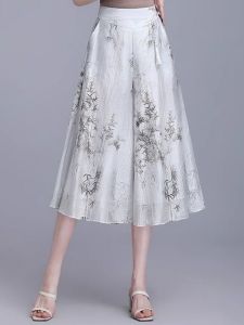 High Waist Thin Ice Silk Wide Leg Pants Casual Slimming Print National Style Seven-Foot Pants Womens Fashion Summer 2025