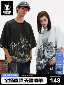 Genanx Lightning Tide Brand New Graffiti Print Batwing Sleeve Oversize Loose Short Sleeve Mens T-shirt Couple Matching Summer Casual Tee