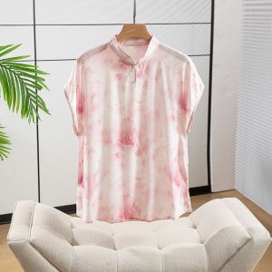 Retro Silk Cheongsam Shirt Womens Short Sleeve Dyed Print Chinese Style Modified Flag Dress Loose Fit Daily Wear Top