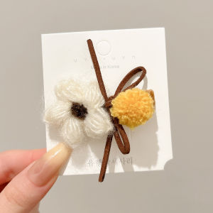 PINK EMPRESS | Flower and Bow Fuzzy Knit Hair Clip for Forehead and Side Bangs