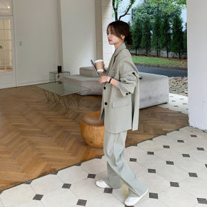 Gray Green Suit Set Womens Casual High Waist Wide Leg Pants Two Piece Set Fashionable Autumn Collection Quality Material