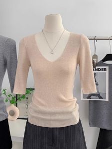 French Style Thin Middle Sleeve V-neck Knitted Sweater Short Sleeve Unique T-shirt Unique Half Sleeve Inner Wear Base Top