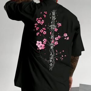 Áo Thun Nam Họa Tiết Tháp Hoa Anh Đào Màu Be Tay Ngắn Cổ Tròn Mùa Hè Thoáng Khí Du Lịch Màu Hồng Đen