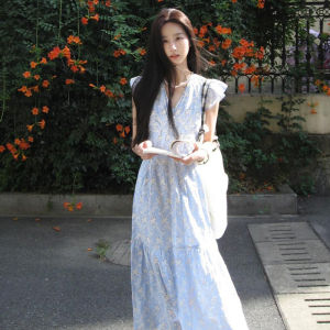 CHANGTONG | French Style Blue Floral Dress Slim Waist