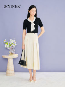 YINER | Hepburn Style Color Block Sash Beaded Decoration Sweater