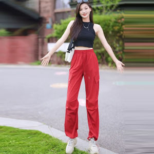 กางเกงทำงานผ้าไหมน้ำแข็งสำหรับผู้หญิง กางเกงขายาวทรงหลวม ทรงตรง แห้งเร็ว ทรงขากว้าง ทรงหลวม ทรงลำลอง ฤดูร้อน 2025