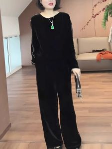 Elegant Black Casual Loose round Neck Two-Piece Set for Women Spring Autumn Slimming Cotton Comfortable Top And Pants