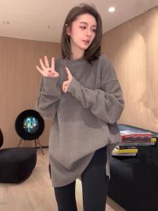 Thickened Long Sleeve T-Shirt Womens Mid-Length Open-Front Fashionable Sweatshirt American Style Knittedwear for Autumn