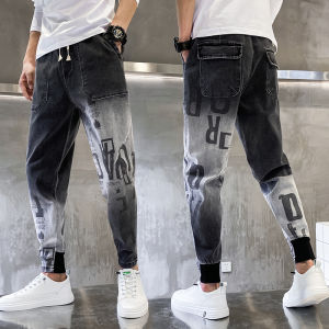 Summer Washed Light Blue Mens Skinny Jeans Harlan Cuffed Nine Points Casual Trendy Jeans Youth Popular Blue Denim mid Waist