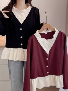 French Vintage Style Color Block Shirt Womens Spring Autumn plus Size Slimming Top Wooden Edge Trim Fake Two-Piece Blouse