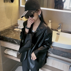 เสื้อแจ็คเก็ตหนังสุดเท่สำหรับเด็กผู้หญิง ฤดูใบไม้ผลิและฤดูใบไม้ร่วง ทรงปกติ ปกเสื้อโค้ต กระดุมเดียว สีสันสดใส แฟชั่น