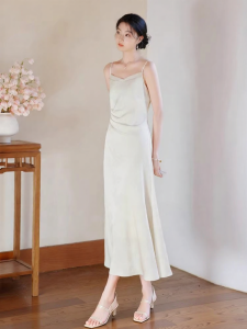 XIANGYING | White Satin A-line Chinese Style Dress