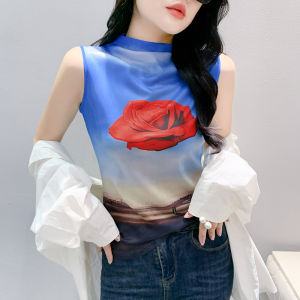 REHIN Autumn New Fashion Printed Half-Turtleneck Sleeveless T-Shirt Elegant Print Slim Fit Womens Top
