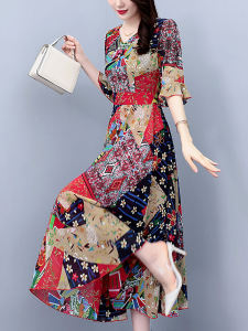 Chiffon Draping Summer Dress Womens Beachwear Maxi Skirt V-Neck Sleeveless High Waist Print A-Line Gown for Midlife Mothers