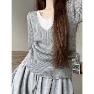 HUOLISI | Layered Style Lightweight Long Sleeve Knitted Tunic V-Neck