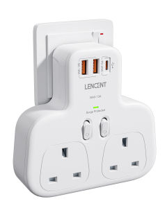 LENCENT Surge Protector 2 Way Plug Adapter With 3 USB Slots Multi Plug Extension Double Plug Adaptor with PD 20W USB-C & 2 USB-A QC 3.0 UK Plug Extender Socket for Home Kitchen Office 13A 3250W