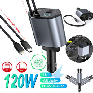 120W 4 IN 1 Retractable Car Charger USB C Cable for IPhone Huawei Samsung Fast Charge Cord Lighter Adapter PD QC3.0