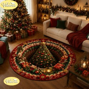 VIKAMA Christmas Tree Rug Round Holiday Living Room and Bedroom Rug Fireplace Decor Rug Home Decor