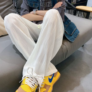 Ice Silk Pleated Loose Wide Leg Sweatpants for Men Summer Casual Trousers Youthful Style Thin Material High Street Hip Hop Trend