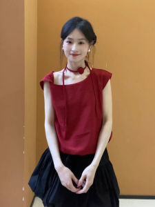 chaqi | Áo thun tay ngắn dệt kim lụa lạnh màu đỏ phong cách Hàn Quốc dành cho nữ mùa hè thiết kế cổ vuông tay lỡ áo thun mỏng