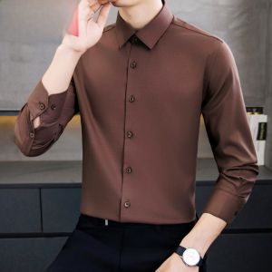 HENGYUANXIANG | Hengyuanxiang Mens Long Sleeve Woolen Shirt Casual Fashion Spring Autumn Anti-Wrinkle Elastic Pure Color Business Shirt