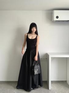 175 Tall Black Extended Style Elastic Waist Fancy Skirt Female Long Draped Ankle Feeling A- line Umbrella Skirt Summer
