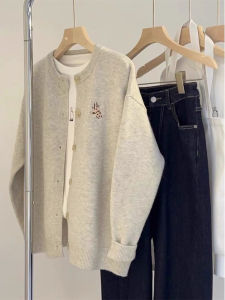 Áo Khoác Len Dệt Kim Lông Gấu Dáng Rộng Cho Nữ Mùa Xuân Thu 2025 Áo Khoác Ngoài Phong Cách Mới Áo Len Cardigan Hở Cổ Tròn Dài Tay Màu Trơn