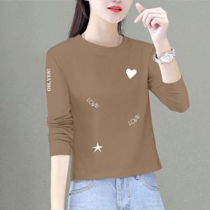 Brown Pure Cotton Long Sleeves T-Shirt Womens Spring & Fall Loose Short Tops High Waist Slim Looking Womens Inner Bottoming Shirt