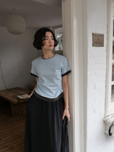 Slim Fit Short Sleeve T-Shirt Fake Two-Piece Comfortable Gathered Color Block Top Casual Style Cotton Lycra Ladies Fashion