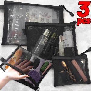 3Pcs Mesh Clear Cosmetic Bags Small Large Black Grey Makeup Bag Portable Travel Toiletry Organizer Case Lipstick Storage Pouch