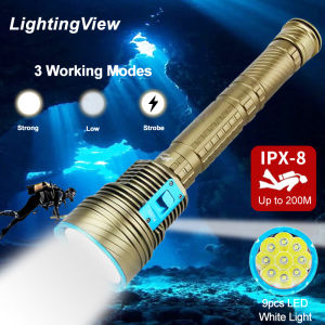 Diving Flashlight Super Bright 3 Working Modes 9pcs LED White Yellow Color Lights Metal Underwater Dive Flash Light Torch