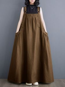 ชุดผู้หญิงไซส์ใหญ่ชุดเดรสยาวแขนกุดฤดูร้อนเอี๊ยมกระโปรงผ้าฝ้ายผสมผ้าลินินใส่แล้วดูผอมทรงหลวมแนววินเทจชุดเดรสชายบานแบบยาวลำลอง
