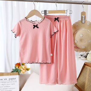 Ruffle Hem Short Sleeve Loose Wide Leg Pant Set For Girls