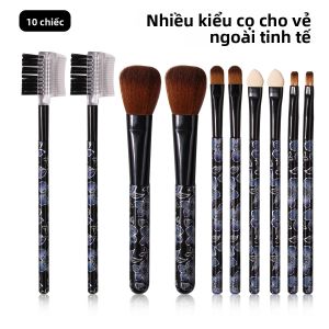 Bộ Cọ Trang Điểm 10 Chiếc In Họa Tiết Da Báo Màu Xanh Sang Trọng - Phấn Nền Phấn Má Hồng Phấn Mắt Kabuki Dụng Cụ Mỹ Phẩm Sợi Len Nylon