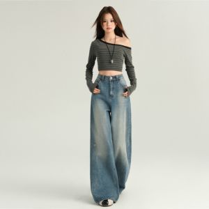 S-6XL Celana Jeans Wanita Panjang Biru Pinggang Tinggi Longgar Celana Lurus Celana Kaki Lebar