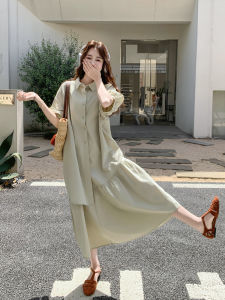 Summer 2025 Womens Loose Shirt Dress Asymmetrical Korean Style Long A-Line Skirt Single Button Short Sleeve Casual Fashion