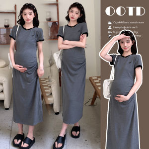 French Style Embroidered Stretchable Pure Cotton Long Dress for Pregnancy Summer