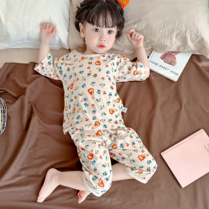 New 2025 Girls Sleepwear Summer Thin Pure Cotton Sleeve Home Clothes Set Baby Air Conditioning Children Seven Sleeve Home Suit