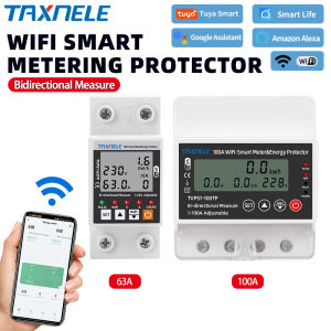 TAXNELE 63A 100A TUYA WiFi Smart Earth Leakage Over Under Voltage Protector Relay Switch Energy Power KWh Bidirectional Meter Smart Life