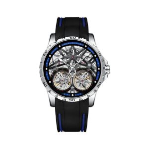 Mens Trendy Mechanical Watch with Date Display 24 Hour Indicator Dual Flywheel Water Resistant Stainless Steel Case 44mm Dial