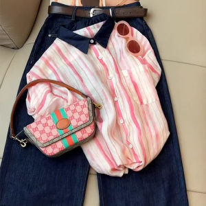 Shalldoer | Bộ đồ hai mảnh thời trang giảm tuổi cho nữ mùa hè tay ngắn sọc hồng quần jeans ống đứng thương hiệu Fragrance cho phụ nữ từ 25-35 tuổi
