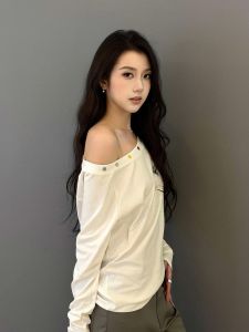 Áo Thun Nữ Cổ Chéo Tay Dài Dáng Rộng Phong Cách Retro Mỹ Cổ Điển Mùa Xuân Thu Thường Ngày Cotton Thoải Mái