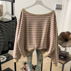 Spring and Autumn Fashion Style Loose and Idle Western Style Youthful-Looking off-Neck Sweatshirt Womens Leak Shawl Big Neckline Wear Match Tops